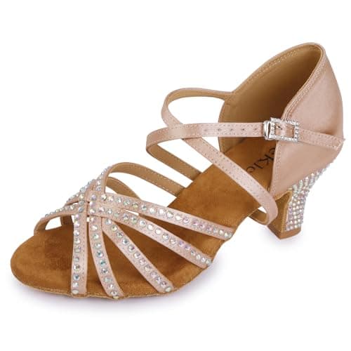 KleeKlcc Rhinestone Ballroom Dance Shoes Women Latin Salsa Dancing Shoes Practice Dance Heels ZB07, Nude-2.5 Inch Heel, 7