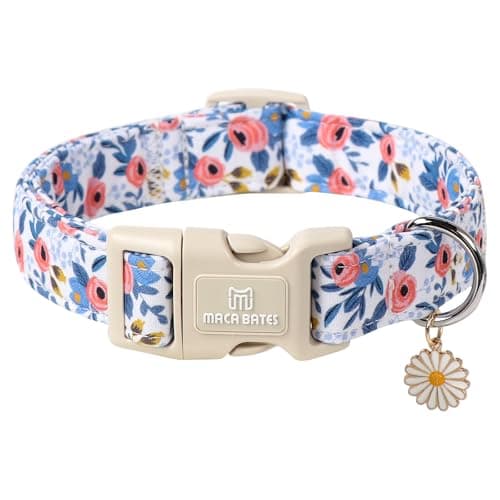 Maca Bates Blue Flower Dog Collar for Small Girl Boy Dogs with Daisy Charm,Blue Floral Pattern,Soft Adjustable Durable Cute Soft Comfortable Gift Collars for Male Female Puppy with Safety Buckle