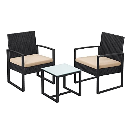 SONGMICS 3-Piece Patio Set Outdoor Patio Garden Furniture Sets, PE Rattan, Outdoor Seating for Bistro Front Porch Balcony, Easy to Assemble, 2 Chairs and 1 Table, Black and Beige UGGF010WZ05