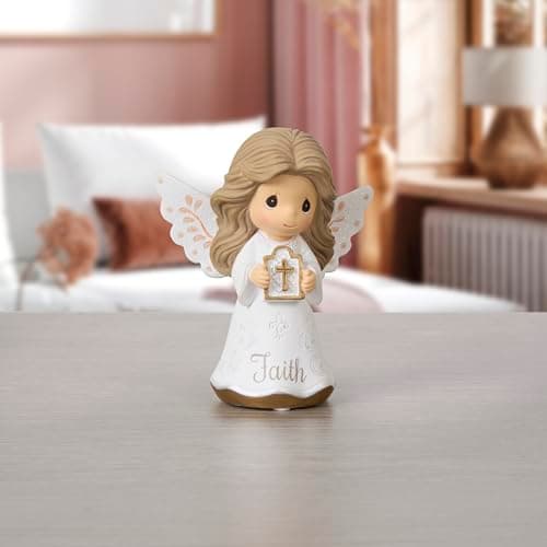Precious Moments 252428 Faith Mini Angel Figurine Holding Cross, Inspirational Resin Angel with Peach Wing Accents, Religious Gift for Communion or Confirmation — view 4