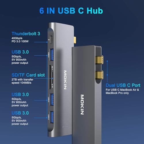 USB C Adapter for MacBook Pro/Air M1 M2 2021 2020 2019 2018,MOKiN Hub MacBook Pro Accessories with 3 USB 3.0 Ports,USB C to SD/microSD Card Reader and 100W Thunderbolt 3 PD Port