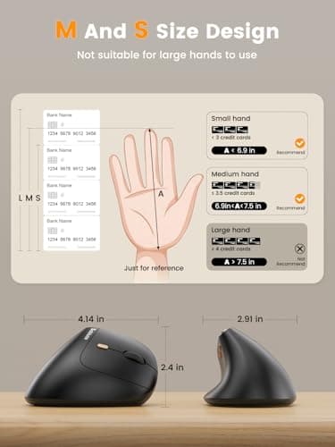 SABLUTE MAM3 Ergonomic Mouse, Bluetooth Mouse for Small/Medium Hands,Dual-Device Connectivity for Computer/Laptop, Rechargeable Wireless Vertical Mouse with 4 Adjustable DPI for Windows,Mac OS,Black