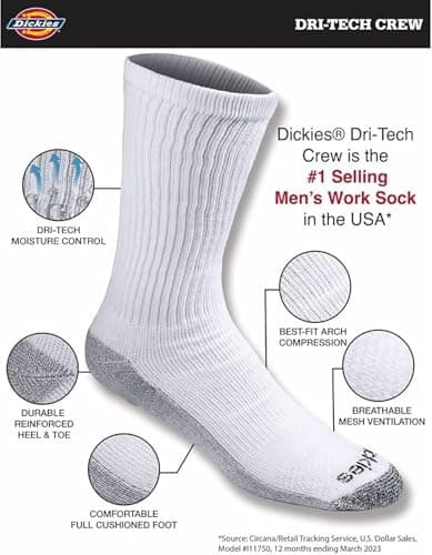 Dickies Men's Dri-Tech Original Moisture Control Crew Socks, Available in M-XXL (6, 12, 18 Pairs), White (6 Pairs), Large — view 4