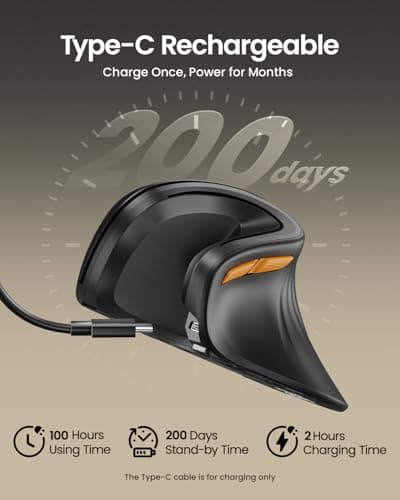 ProtoArc Ergonomic Mouse, EM11 NL Bluetooth Rechargeable Wireless Vertical Mouse, 3 Multi-Device Connectivity for Computer/PC/Laptop, 2.4GHz USB-A Optical Mice for Windows, Mac OS, Black — view 3