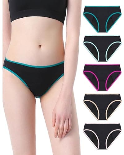 Neione Period Underwear Women Menstrual Panties High-Cut Cheeky Bikini Briefs Modal Leak Proof Undies 5 Pack Black M