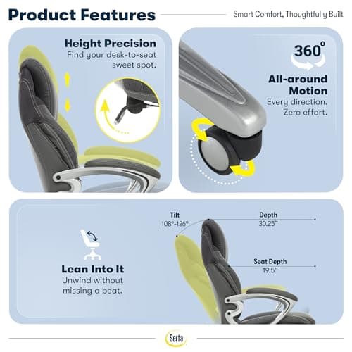 Serta Bryce Executive Office Chair - Ergonomic Computer Desk Chair with Patented AIR Lumbar Technology - Adjustable Height - Memory Foam Body Pillows - 360° Swivel Rolling Base - Bonded Leather - Gray — view 5