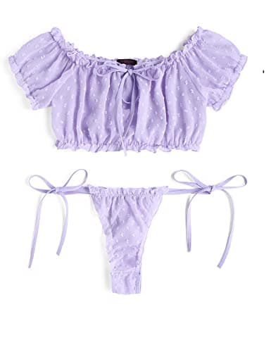 Avidlove Bra and Panty Set Cute & Sexy Chiffon Ruffle Lingerie Set Mesh Babydoll Chemise Lavender Large
