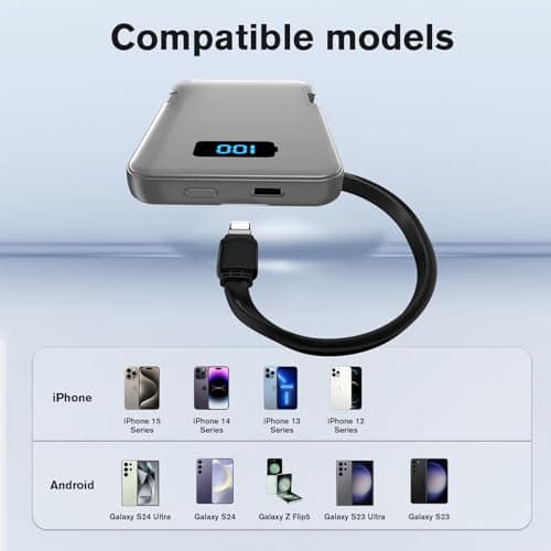 RRUHHK Ultra-Slim 5000mAh Portable Charger for iPhone & Android, Mini Power Bank with Built-in Cables (USB-C & iOS), 5V/2A Small External Battery Pack for iPhone 16/15/14/13, Samsung, Google – Grey