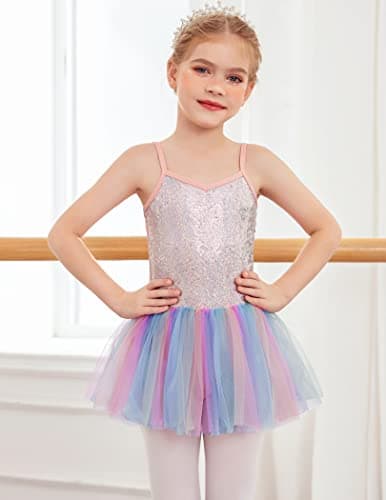 Zaclotre Girls Sequin Leotard Sparkly Strap Ballet Skirted Leotards Tutu Dress Ballerina Outfit Dance Costume Rainbow Size 4-5T