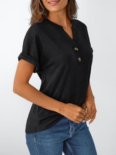 AUTOMET Short Sleeve Shirts for Women Dressy Casual Summer Tops 2026 Henley Spring Fashion Teacher School Outfits Work Blouses Trendy Cozy Cute Plus Size T-Shirts Business Clothes Black S — view 2