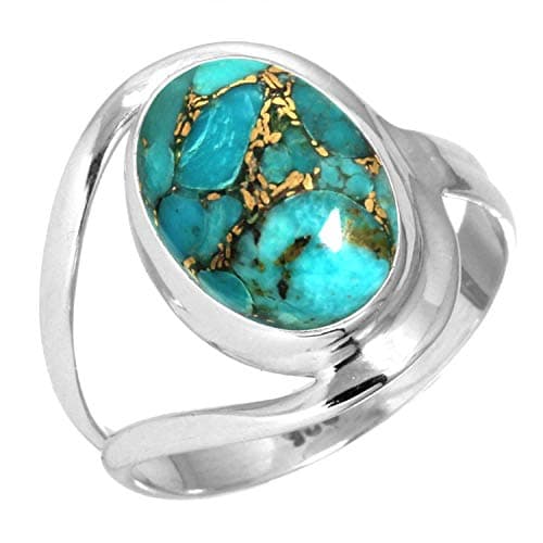 JEWELOPORIUM Copper Blue Turquoise Silver Ring Size 7, 925 Sterling Silver Ring for Women, Oval Gemstone Handmade Jewelry