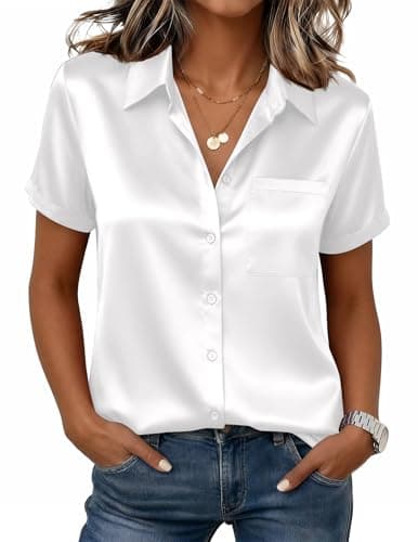 Zeagoo Satin Button Down Shirts for Women Silky Blouses Dressy Business Casual Work Tops White