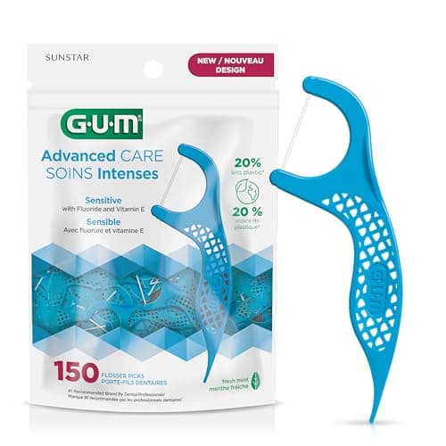 GUM Advanced Care Flosser Picks, Infused with Vitamin E & Fluroide, Fresh Mint Flavour, Blue, 150 Flossers (1 Bag)
