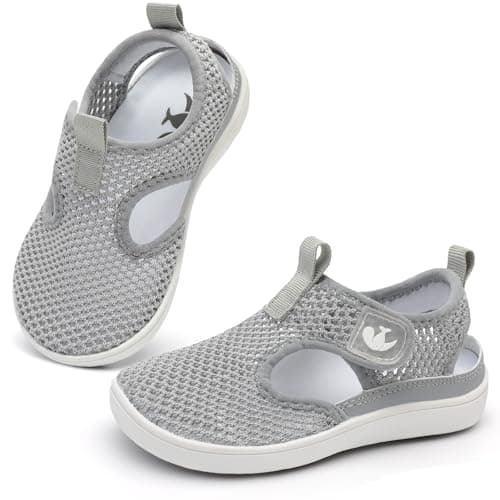 JOINFREE Toddler Water Shoes Boys Girls Wide Toe Box Barefoot Kids Sandals Quick-Dry Mesh Aqua Sneakers Non-Slip Closed Toe Beach Pool Splash Pad Walking Shoes for Kid Grey 7 Toddler