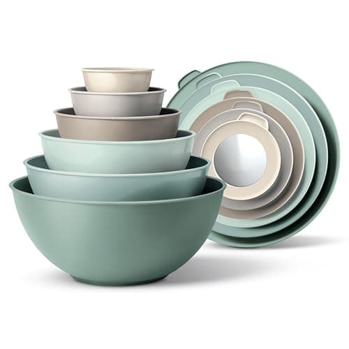 COOK WITH COLOR Mixing Bowls with TPR Lids - 12 Piece Plastic Nesting Bowls Set Includes 6 Prep Bowls and 6 Lids, Microwave Safe Mixing Bowl Set (Mint Ombre)