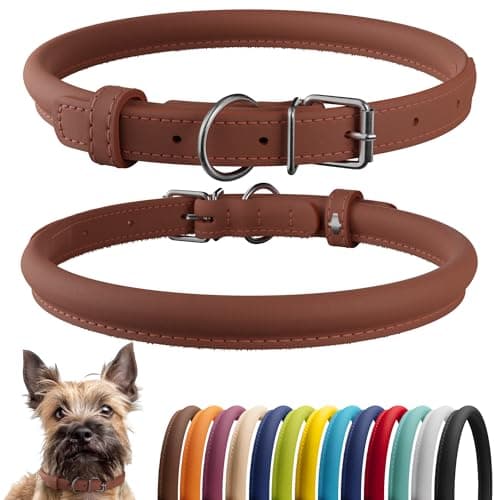 CollarDirect Rolled Leather Dog Collar, Soft Padded Round Puppy Collar, Handmade Genuine Leather Collar Dog Small Large Cat Collars (Cinnamon Smooth, 15-18 cm)