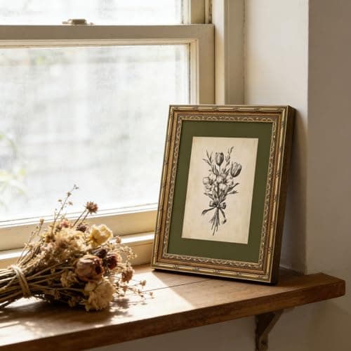 Gold Framed Wall Art Vintage Flower Sketch Wall Art Antique Sage Green Botanical Wall Decor Picture Dark Green Floral Drawing Poster Print for Bedroom Living Room 9x11in — view 5