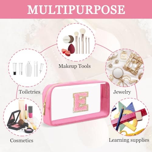 Mini Clear Personalized Initial Makeup Bag, Nylon Preppy A-Z Chenille Letter Patch Zipper Cosmetic Bag, Small Cute Pouch Travel Coin Purse Toiletry Bag, Small-Pink, E, Preppy, Personalized — view 3