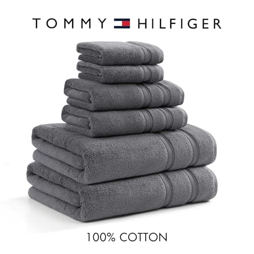 Tommy Hilfiger – Bathroom Towels, Soft Cotton Washcloths, Bath & Hand Towel Set, Zero Twist, Medium Weight & Highly Absorbent, Set of 6, College Dorm Room Essentials (Harborside Charcoal)