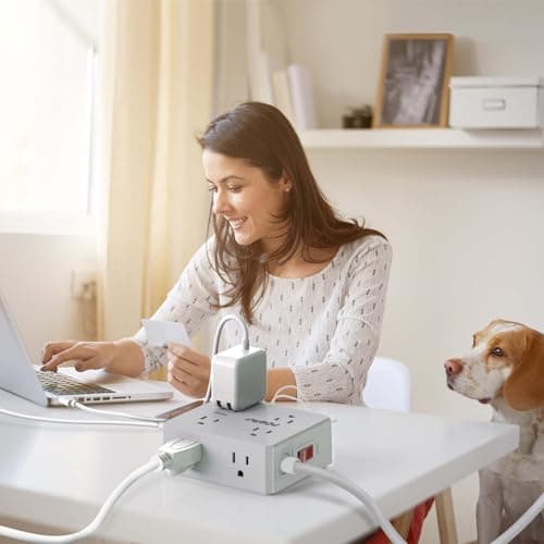 Surge Protector Power Strip - 6 Ft Flat Plug Extension Cord with 8 Widely Outlets and 4 USB Ports(1 USB C), 3 Side Outlet Extender for Home Office, Grey, ETL Listed — view 3