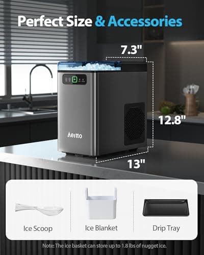 Aeitto Nugget Ice Maker 40Lbs/24H, Countertop Soft Chewable Ice Pebble Ice Machine, One-Click Operation, Auto Self-Cleaning Ice Makers with Scoop&Basket for Home, Office, Kitchen, Party (Grey) — view 4