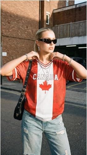 SUPEYA Canada Day Shirt Women Soccer Cup 2026 Soccer Shirt Canada Jersey Y2k V Neck Short Sleeve Shirt Patriotic Tee Tops Red — view 5
