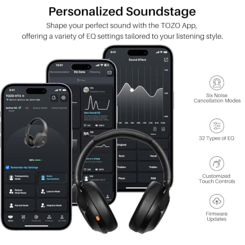 TOZO HT3 Hybrid Noise Cancelling Headphones, 90H Battery Life Wireless Over Ear Bluetooth 6.0 Foldable Headset, AI Voice Assistant with 5 Mics, Connect 2 Devices and Hi-Res Sound, 32 EQ Audio Presets — view 6