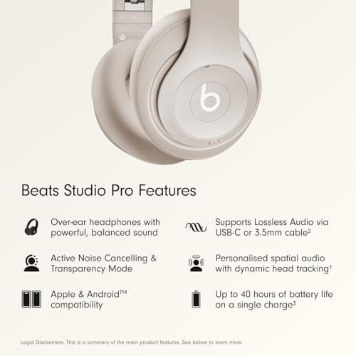 Beats Studio Pro Premium Wireless Over-Ear Headphones- Up to 40-Hour Battery Life, Active Noise Cancelling, Great for Travel & Commuting, USB-C Lossless Audio, Apple & Android Compatible - Sandstone