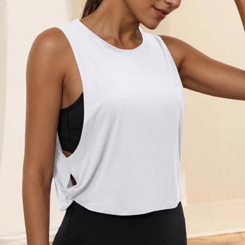 Women's Sleeveless Workout Vest Tops - Solid Tank Top with Side Hollowed Out, Breathable Round Neck Fitness Shirts White