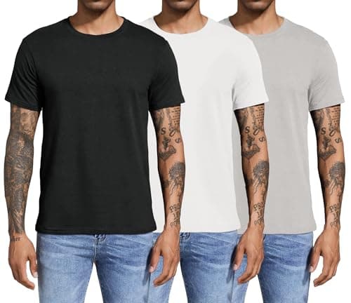 Boyzn Men's 3 Pack Cotton T-Shirts, Men's Short Sleeve Tees, Crewneck Cotton T-Shirts for Men Black/White/Grey-L