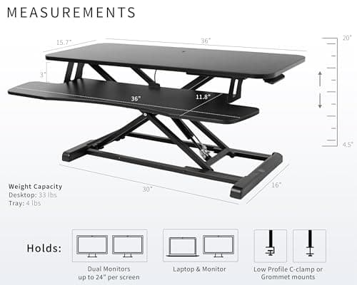 VIVO 36 inch Desk Converter, K Series, Height Adjustable Sit to Stand Riser, Dual Monitor and Laptop Workstation with Wide Keyboard Tray, Black, DESK-V036KB — view 2