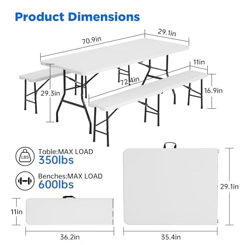 6 FT White Picnic Folding Table Set with 2 Benches, Portable Patio Dining Sets for Backyard, Lawn, Event, Party, Camping — view 2