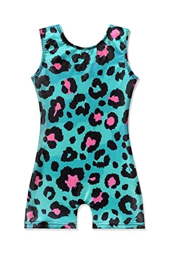 EQSJIU Gymnastics Leotards for Girls Kids Rainbow Mosaic Mermaid Butterfly Stars Leopard Galaxy Tie Dye Cosmos Leopard, Leopard Aqua Blue, 2-3T
