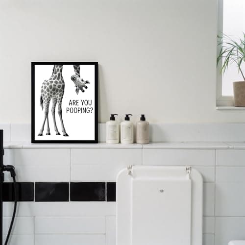 WRFON Framed Giraffe Bathroom Wall Art, Funny Giraffe With Are You Pooping Artwork Print, Black and White Animal Canvas Wall Painting, Modern Farmhouse Decoration for Home Decor, 8" W x 10" L