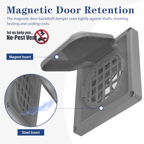 Dryer Vent Cover Outside 4 inch, Magnetic Door Design, Durable Airflow Vent with Lint Trap Screen, Thickened Material, 6 inch x 6 inch Size, Grey — view 3