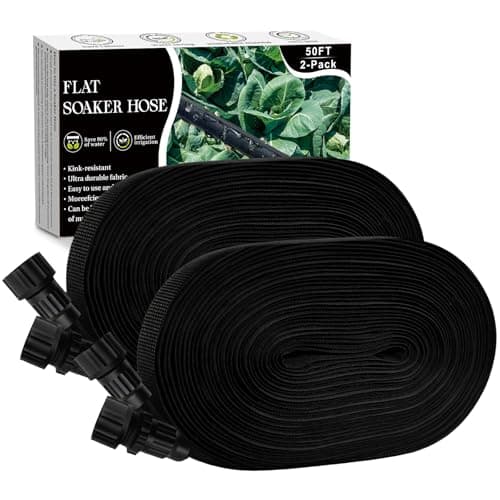 Soaker Hose 100FT, Thickened Flat Soaker Hoses For Garden 100 ft 2 pack, Drip Irrigation Hose Saves 80% Water, Leak-free Design Water Hose with Holes For Lawn, Flower Bed, Vegetable Field (50 FT x 2)