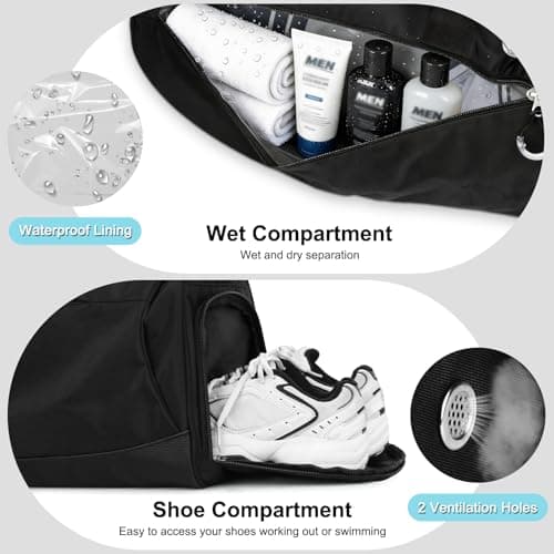 Gym Bag with Shoe Compartment, Gym Bag with Waterproof Wet Towel Pocket, Travel Duffel Bag for Men Women, Black, Minimalist and modern style — view 3