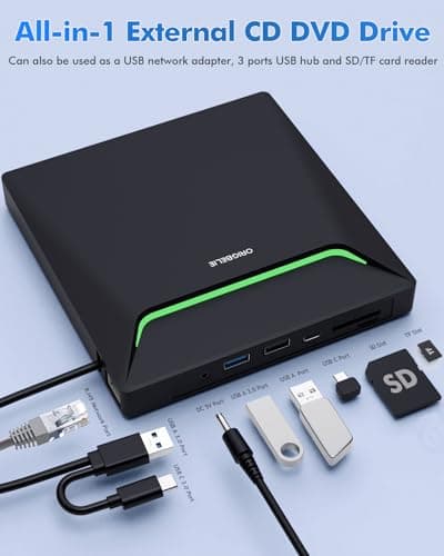 New External CD DVD Drive, Cool DVD Burner USB 3.0 with Ethernet Adapter, 3 USB and 2 TF/SD Card Ports, CD DVD Player Reader Writer Optical Disc Drive for Laptop MacBook PC Windows Linux Mac OS — view 2