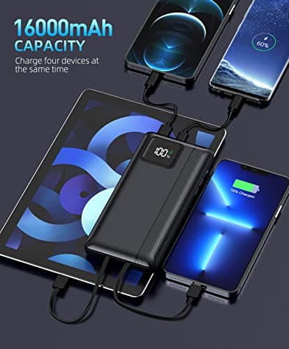 Power-Bank-Portable-Charger - 16000mAh Power Bank Support PD 30W and QC4.0 Fast Charger wiht Built-in 2 Output Cable and LED Display for iPhone and Android Phones and Most Electronic Devices