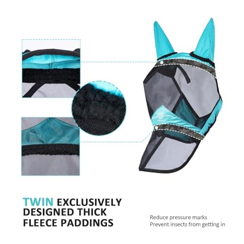 Harrison Howard Pro Luminous Horse Fly Mask Large Eye Space Long Nose with Ears UV Protection for Horse Teal L — view 3