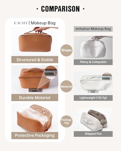 EACHY Travel Makeup Bag,Large Capacity Cosmetic Bags for Women,Waterproof Portable Pouch Open Flat Toiletry Bag Make up Bag with Divider and Handle, Gifts for Women (Brown, Medium) — view 3