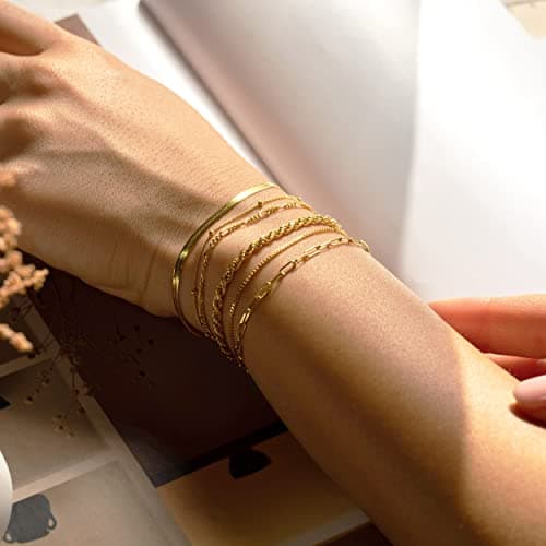 DEARMAY Gold Bracelets for Women Non Tarnish 14K Gold Plated Minimalist Bracelets Stack for Women Trendy Dainty Stackable Paperclip Rope Snake Box Figaro Chain Bracelets Set Pack Jewelry Sets Costume Fashion Gifts — view 2