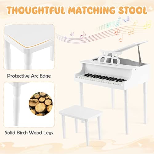 Goplus 30-Key Classical Kids Piano, Mini Grand Piano Wooden Learn-to-Play Musical Instrument Toy with Bench, Piano Lid, Music Rack, Gift for Boys Girls Aged 2+ Baby Toddler(4 Straight Leg-White) — view 4