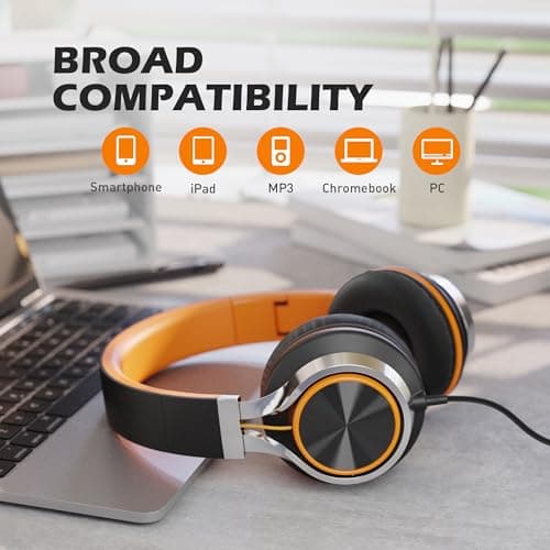 AILIHEN Kids Headphones, Headphones Wired with Microphone and Volume Control Folding Stereo Corded On-Ear 3.5mm Headset for Boys Girl Cellphones Tablets Chromebook Laptop Computer (Black/Orange) — view 5