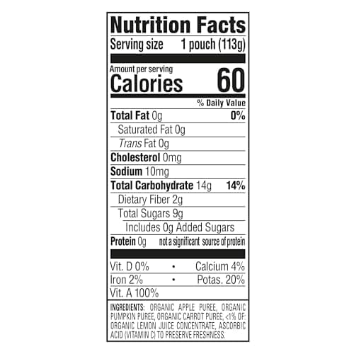 Happy Baby Organics Stage 2 Baby Food Pouches, Gluten Free, Vegan & Healthy Snack, Clearly Crafted Fruit & Veggie Puree, Apples, Pumpkin & Carrots, 4 Ounces (Pack of 16)