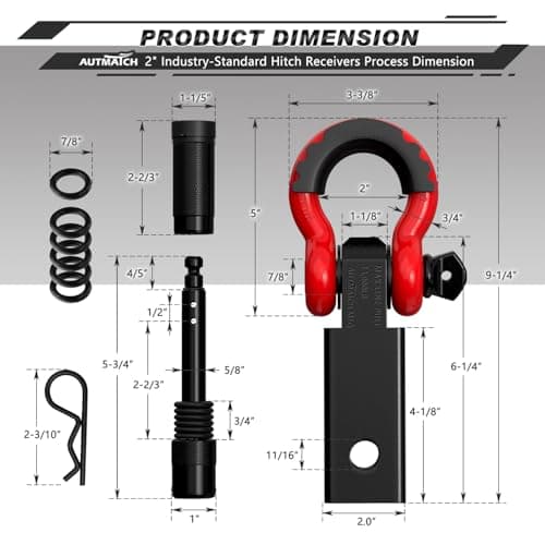 AUTMATCH Shackle Hitch Receiver 2 Inch - 3/4" D Ring Shackle and 5/8" Trailer Hitch Lock Pin, 45,000 Lbs Break Strength Heavy Duty Receiver Towing Kit for Off-Road Vehicle Recovery, Black & Red — view 2