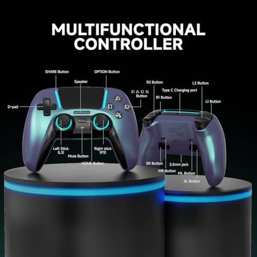 ASRVA Chrome Blue Wireless Pro Controller for PS5,4 Back Buttons,Hall Effect Joystick(No Drift),Micro-Switch,Gyro,Macro,1000mAh,RGB,Compatible with PS5/Pro/Slim/PC/iOS/Android — view 2