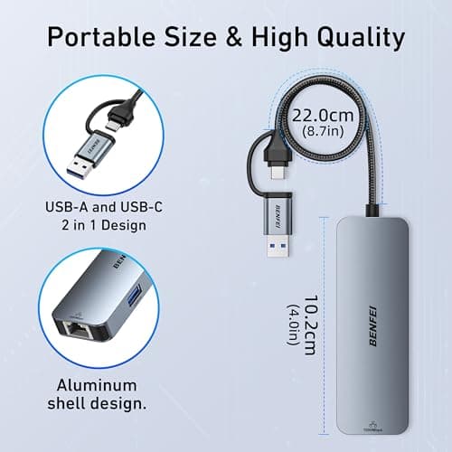 BENFEI USB-C USB 3.0 to Gigabit Ethernet Adapter, 3-Port USB 3.0 Hub with RJ45 Compatible with MacBook Pro/Air 2023, iPad Pro, iMac, S23, XPS 17, Surface Book 3 and More — view 6