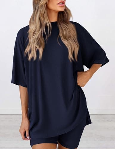 PRETTYGARDEN Women 2 Piece Lounge Set 2026 Summer Casual Oversized Shirts Biker Shorts Matching Airport Travel Outfit Clothes (Navy,Medium) — view 3