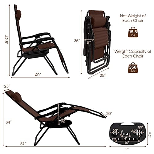 Goplus Zero Gravity Lounge Chairs, 160°Adjustable Folding Recliner w/Pillow and Cup Holder, 350LBS Comfy Outdoor Lounge Chairs for Patio, Lawn, Yard & Camp(1, Brown) — view 2